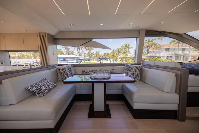 Sea Zar Yacht Photos Pics Luxurious interior of 2019 Sunseeker Manhattan 66 yacht with plush seating and large windows.