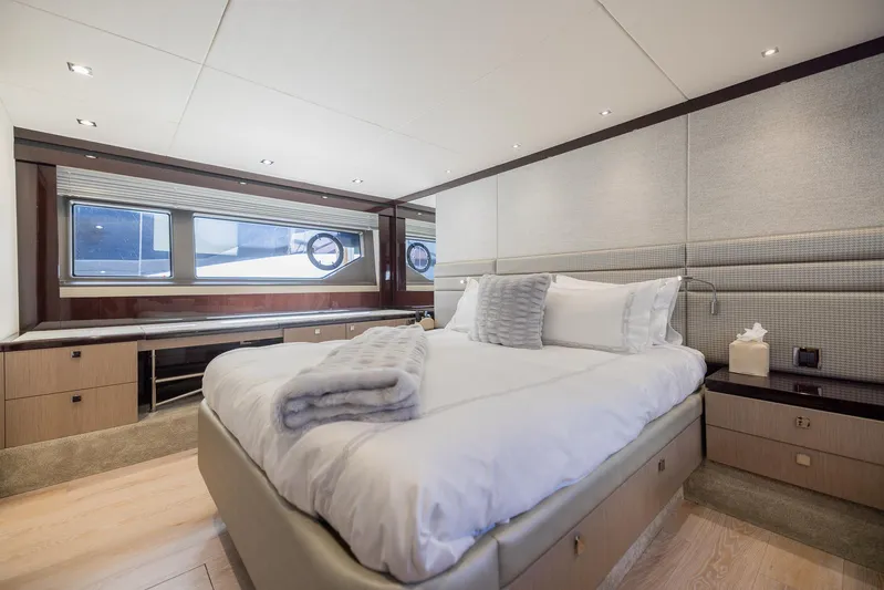 Sea Zar Yacht Photos Pics Luxurious bedroom interior of 2019 Sunseeker Manhattan 66 yacht with modern decor.