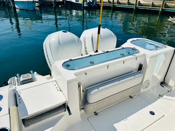  Yacht Photos Pics 2019 Sea Fox 328 Commander boat with Yamaha engines docked at marina.