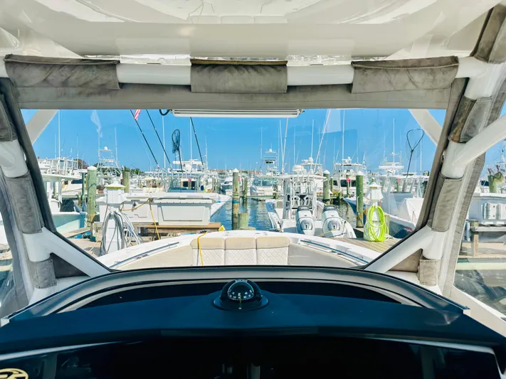  Yacht Photos Pics View from 2019 Sea Fox 328 Commander boat docked at marina, clear blue sky.