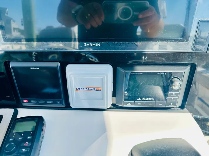  Yacht Photos Pics Control panel of 2019 Sea Fox 328 Commander with Garmin, Optimus EPS, and JL Audio systems.