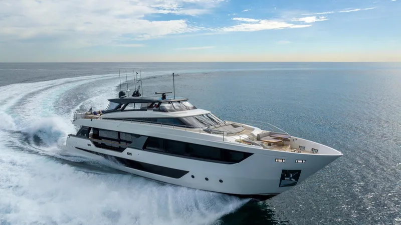 Aurora Yacht Photos Pics Luxury Ferretti Yachts 1000 cruising on open sea, 2022 model.