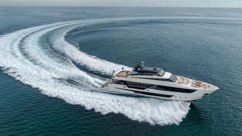 Aurora Yacht Photos Pics Luxurious 2022 Ferretti Yachts 1000 cruising swiftly on open sea.