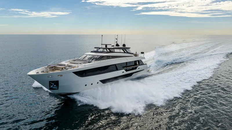 Aurora Yacht Photos Pics Luxury Ferretti Yachts 1000 cruising on open sea, 2022 model.