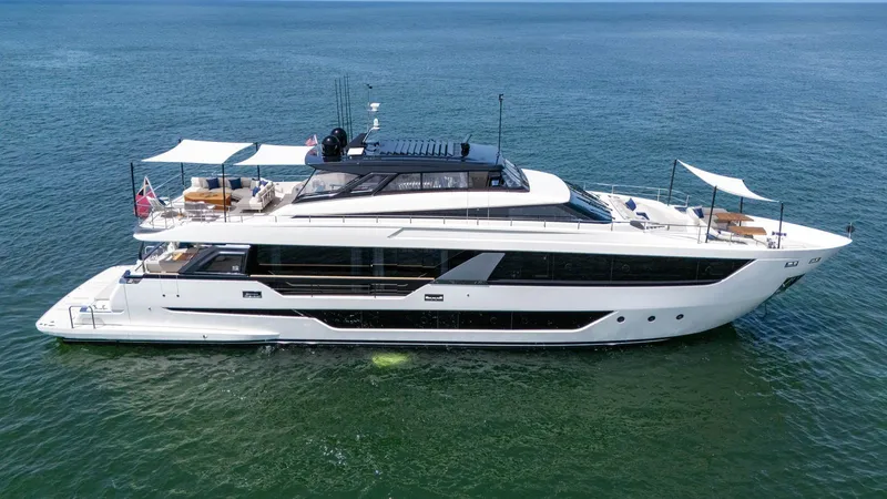 Aurora Yacht Photos Pics 2022 Ferretti Yachts 1000 luxury yacht on calm ocean waters.