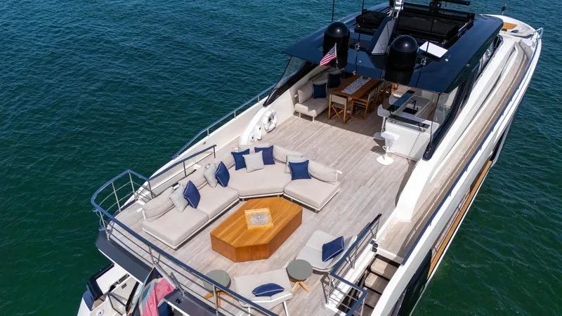 Aurora Yacht Photos Pics Luxurious 2022 Ferretti Yachts 1000 with spacious deck and elegant seating on the water.