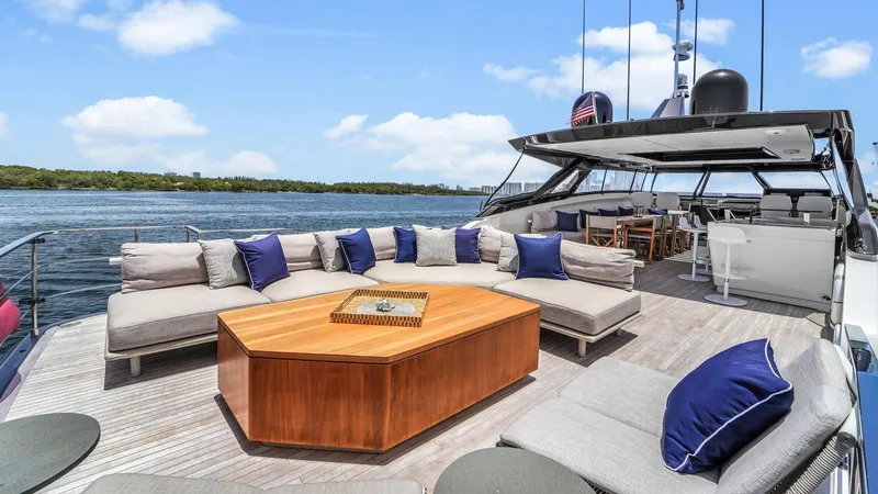 Aurora Yacht Photos Pics Luxurious 2022 Ferretti Yachts 1000 with spacious deck and elegant seating area.