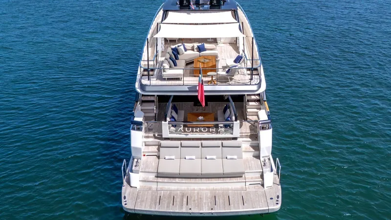 Aurora Yacht Photos Pics Ferretti Yachts 1000, 2022 model, luxury yacht on open water, rear view.