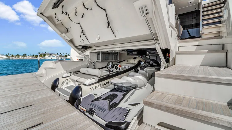 Aurora Yacht Photos Pics Luxury Ferretti Yachts 1000, 2022 model, featuring a sleek tender garage with Williams jet tender.