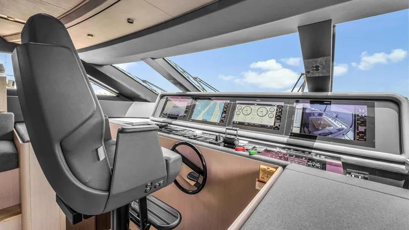 Aurora Yacht Photos Pics Cockpit of 2022 Ferretti Yachts 1000 with modern navigation displays and controls.