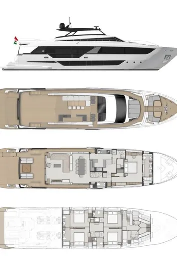 Aurora Yacht Photos Pics Ferretti Yachts 1000 2022 model with detailed deck and interior layout.