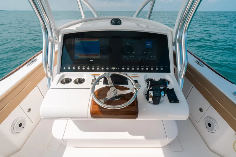  Yacht Photos Pics 2020 Valhalla Boatworks V-33 helm with modern controls and ocean view.
