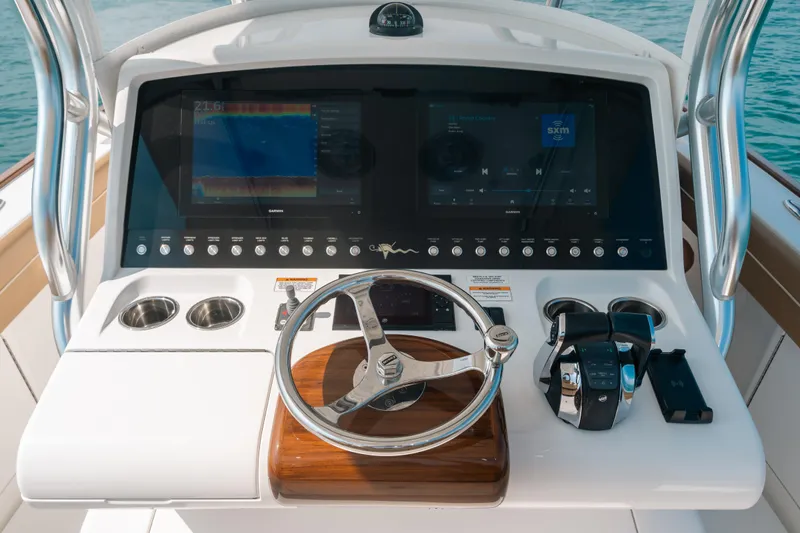  Yacht Photos Pics 2020 Valhalla Boatworks V-33 helm with modern controls and dual displays.