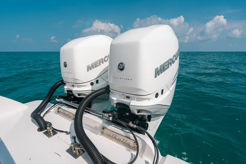  Yacht Photos Pics Twin Mercury outboard engines on 2020 Valhalla Boatworks V-33, cruising in open sea.