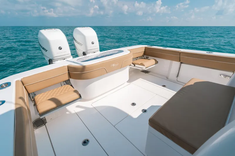  Yacht Photos Pics 2020 Valhalla Boatworks V-33 with twin Mercury engines, spacious seating, and ocean backdrop.