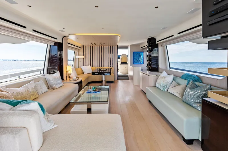  Yacht Photos Pics Luxurious interior of 2021 Azimut Fly 78 yacht with elegant seating and ocean view.
