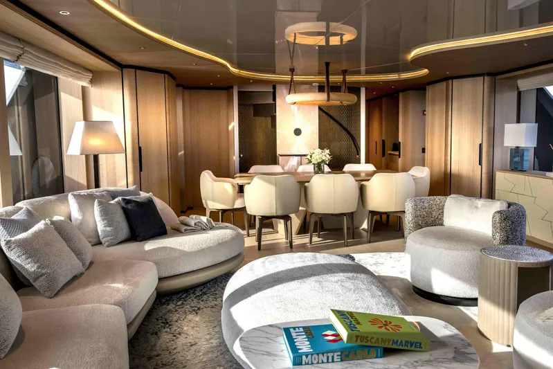 Unique S Yacht Photos Pics Luxurious interior of 2024 Sanlorenzo SD118 yacht with modern furnishings and elegant decor.