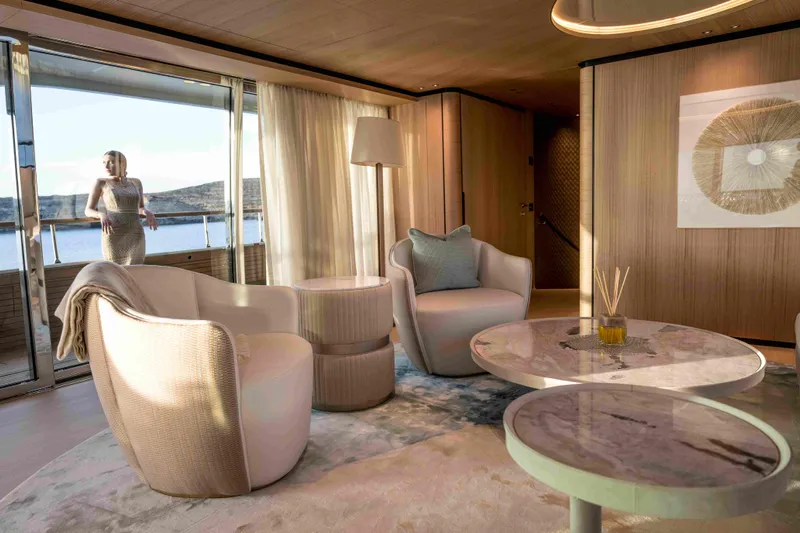 Unique S Yacht Photos Pics Luxurious interior of 2024 Sanlorenzo SD118 yacht with elegant seating and ocean view.