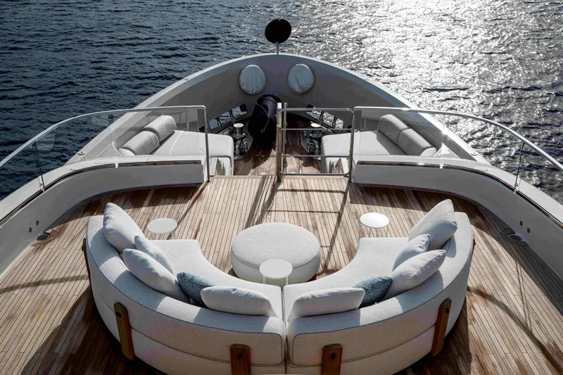 Unique S Yacht Photos Pics Luxurious 2024 Sanlorenzo SD118 yacht deck with elegant seating and ocean view.