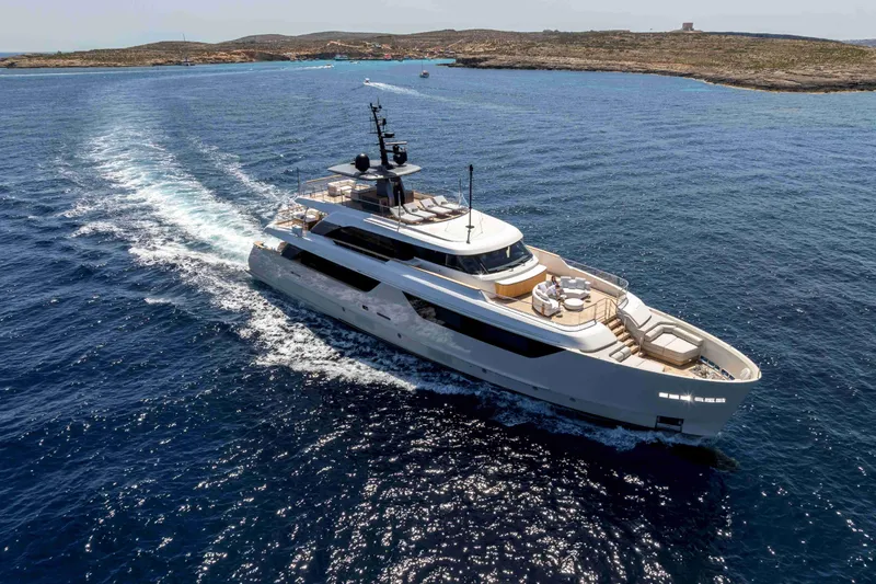 Unique S Yacht Photos Pics Luxurious 2024 Sanlorenzo SD118 yacht cruising in clear blue waters.