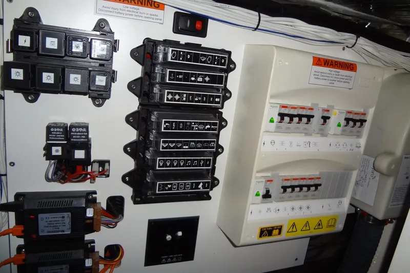 Dream Big Yacht Photos Pics Electrical control panel of a 2023 Prestige 420S with warning labels and switches.