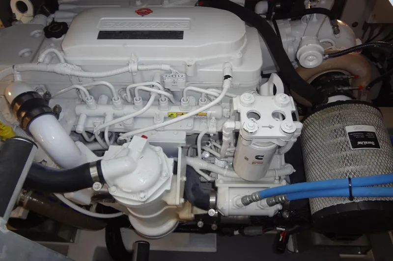 Dream Big Yacht Photos Pics 2023 Prestige 420S engine compartment showcasing detailed mechanical components and filters.
