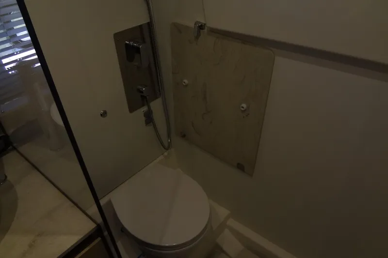 Dream Big Yacht Photos Pics Modern bathroom in 2023 Prestige 420S yacht with sleek fixtures and compact design.