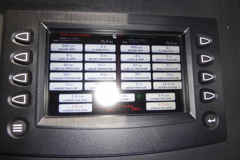 Dream Big Yacht Photos Pics Engine control panel display of a 2023 Prestige 420S, showing RPM, pressure, and fuel rate.