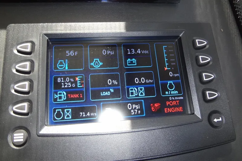 Dream Big Yacht Photos Pics Digital control panel of 2023 Prestige 420S, displaying engine and fuel metrics.