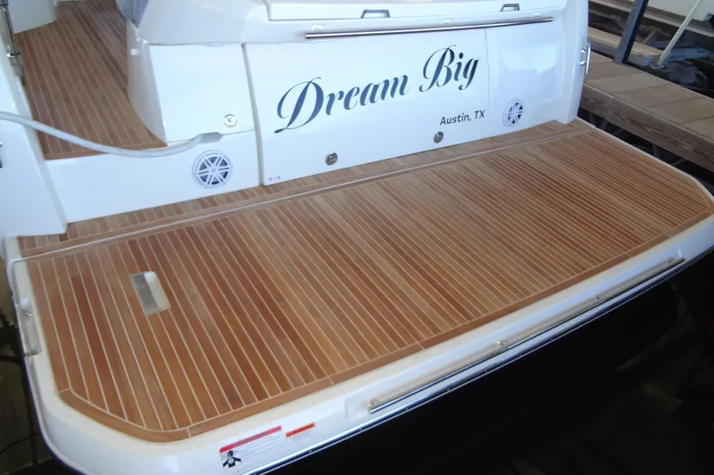 Dream Big Yacht Photos Pics 2023 Prestige 420S yacht with teak deck, named "Dream Big," docked in Austin, TX.