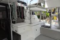 Interior view of a 2021 Leopard 50 yacht, featuring seating and nautical equipment.