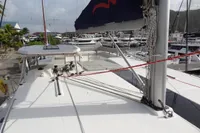 2021 Leopard 50 catamaran docked at a marina, showcasing deck and rigging.
