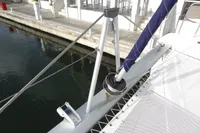 2021 Leopard 50 catamaran deck with rigging and dockside view.