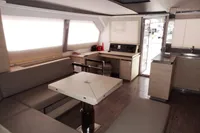 Modern interior of 2021 Leopard 50 yacht with sleek design and spacious seating area.