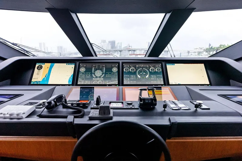Ciao M Yacht Photos Pics Custom Line 106' yacht helm with advanced navigation systems, 2023 model.