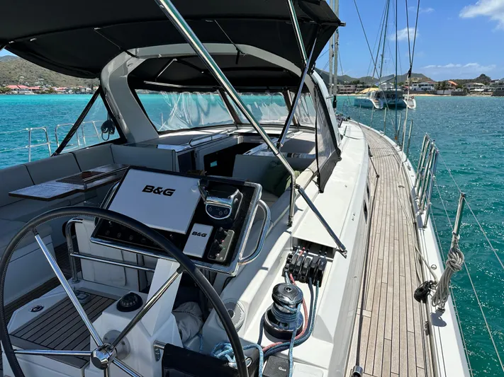  Yacht Photos Pics 2019 Beneteau Oceanis Yacht 62 sailing on turquoise waters, featuring sleek deck and modern controls.