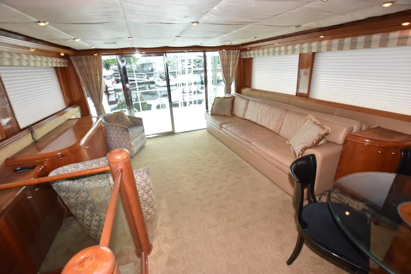 Big Hatt Yacht Photos Pics Luxurious interior of 1998 Hatteras 74 Sport Deck yacht with elegant seating and decor.