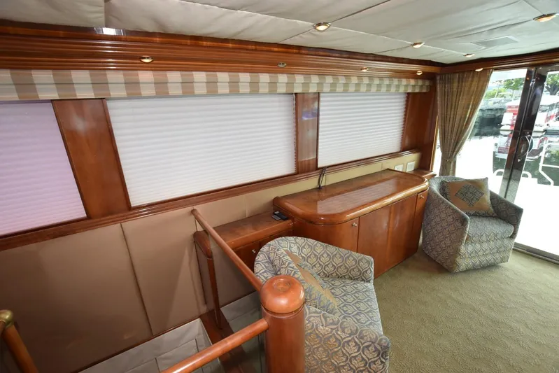 Big Hatt Yacht Photos Pics Interior of 1998 Hatteras 74 Sport Deck yacht with elegant wood finish and seating area.