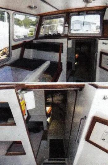 Janet Lynn Yacht Photos Pics Interior of 1999 Custom 30 Novi Hardtop Cruiser with wood accents and seating area.