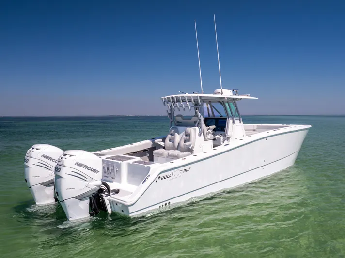  Yacht Photos Pics 2022 Freeman 34VH boat with twin Mercury engines on clear water.