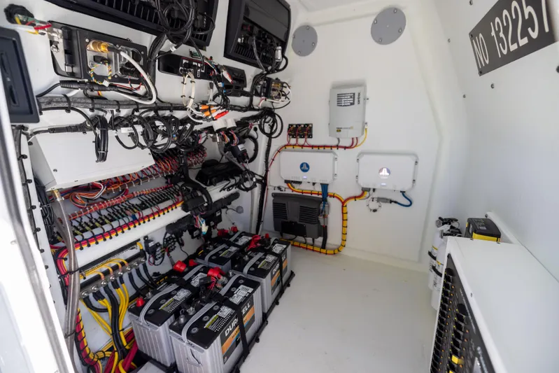  Yacht Photos Pics Electrical system inside Freeman 34VH boat, 2022 model, featuring batteries and wiring.