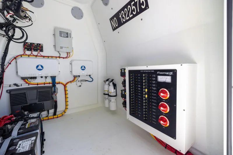  Yacht Photos Pics Electrical panel inside Freeman 34VH boat, 2022 model, with wiring and equipment.