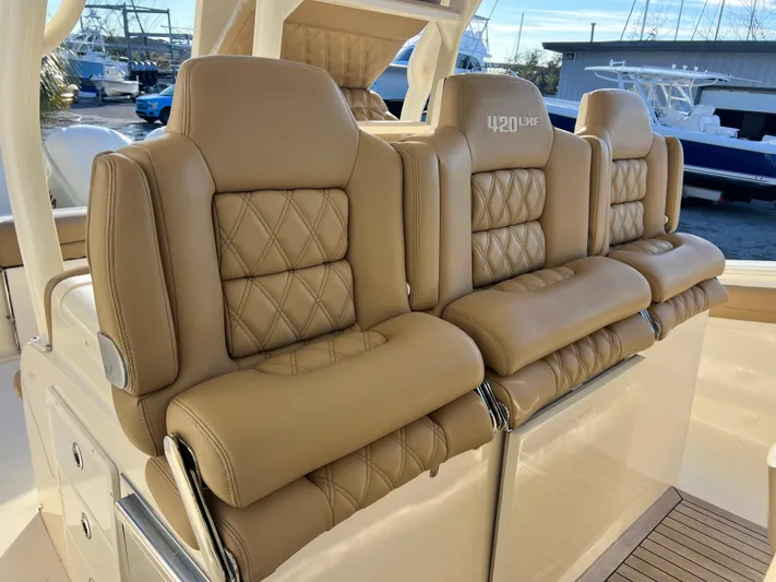  Yacht Photos Pics Luxurious tan leather seats on a 2017 Scout 420 LXF boat.