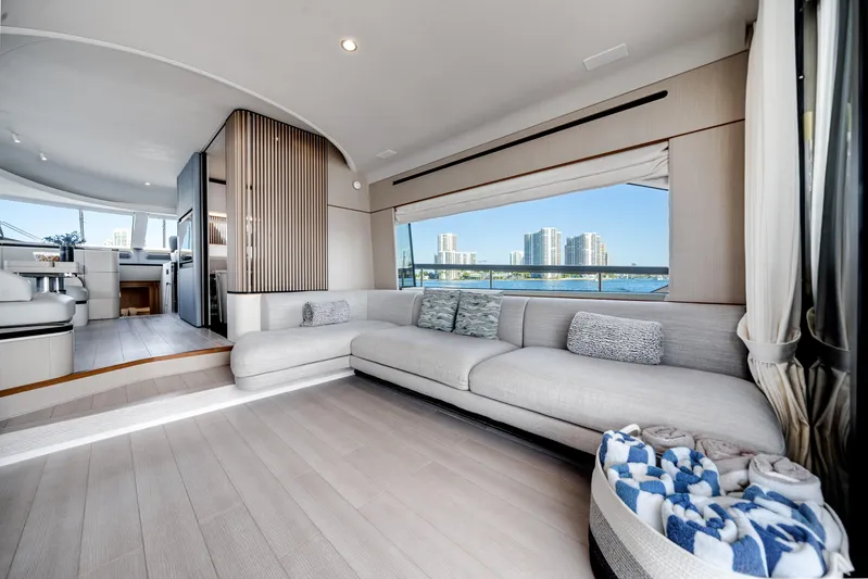 Spysea Yacht Photos Pics Luxurious interior of 2023 Azimut Fly 68 yacht with modern design and waterfront view.