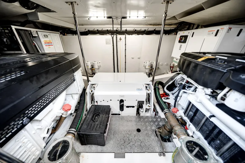 Spysea Yacht Photos Pics Engine room of 2023 Azimut Fly 68 yacht, showcasing advanced machinery and equipment.