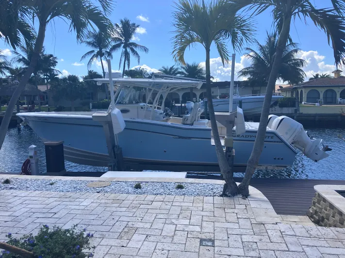  Yacht Photos Pics 2018 Grady-White Canyon 336 boat docked by palm trees, sunny waterfront setting.