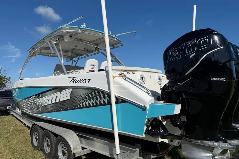  Yacht Photos Pics 2016 Extreme Boats 38 Cuddy Cabin with Mercury Racing 400 engine on trailer.