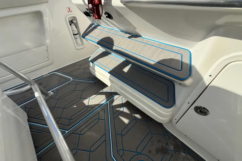  Yacht Photos Pics 2016 Extreme Boats 38 Cuddy Cabin interior with cushioned seating and modern flooring design.