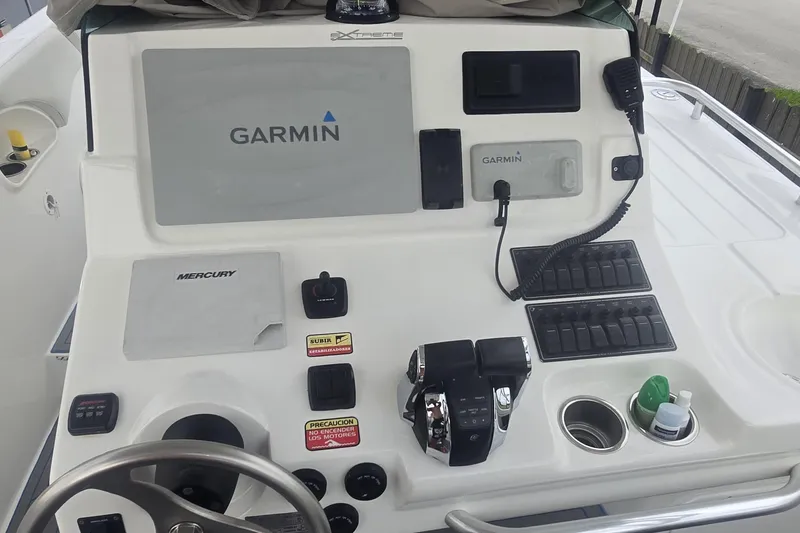  Yacht Photos Pics Control panel of a 2016 Extreme Boats model with Garmin navigation system.