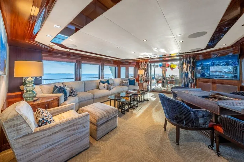 Valinor Yacht Photos Pics Luxurious interior of 2013 Westport W164 yacht with elegant seating and ocean views.